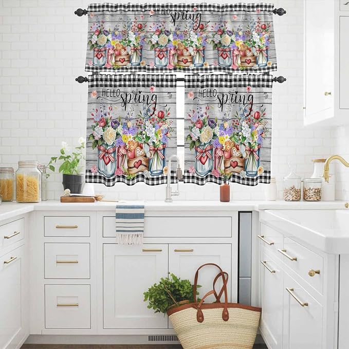 Kitchen Curtains Tiers and Valance Set of 3, Spring Flowers Light Filtering Window Curtain Set, Farmhouse Black Plaid Wood Grain Rod Pocket Curtain Drapes for Cafe, Living Room, 36 Inches Tiers