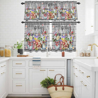 Kitchen Curtains Tiers and Valance Set of 3, Spring Flowers Light Filtering Window Curtain Set, Farmhouse Black Plaid Wood Grain Rod Pocket Curtain Drapes for Cafe, Living Room, 36 Inches Tiers