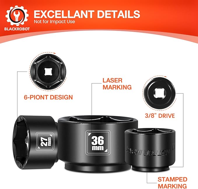 BLACKROBOT 8 Pieces 3/8” Drive Low Profile Oil Filter Socket Set, Metric Size 24mm 27mm 28mm 29mm 30mm 32mm 36mm 38mm, Chrome Vanadium Steel, 6 Point, Oil Filter Cap Remover and Installer Tool Set