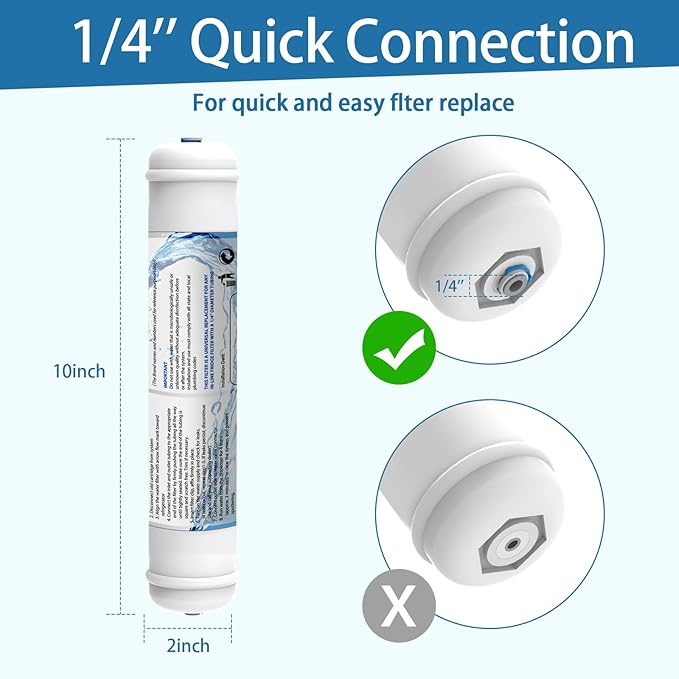 Inline Activated Carbon Water Filter, T33 1/4" Quick-Connect Replacement Cartridges for Refrigerator & Ice Maker, Under Sink System, Reverse Osmosis Water System, 2 Pack
