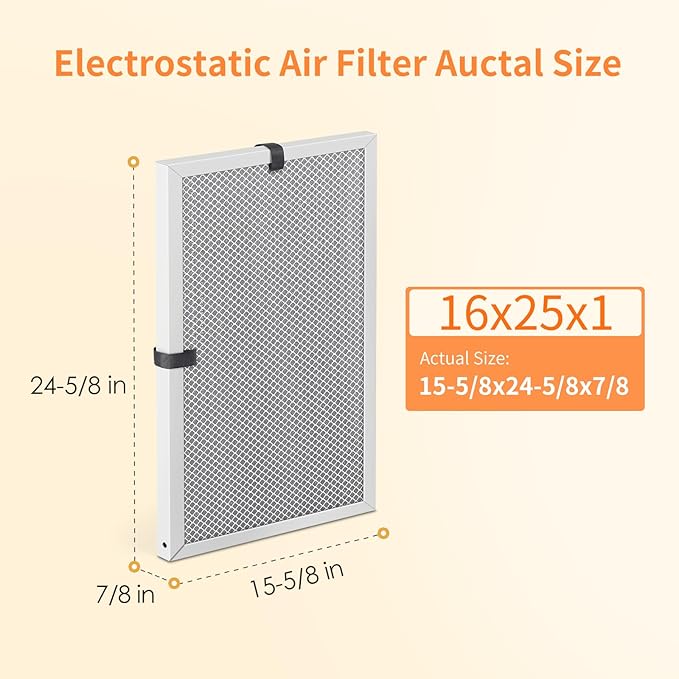 2-Pack 16x25x1 MERV 8 Reusable & Washable Electrostatic Air Filters - Long-Lasting Filter for HVAC, Furnace & Air Conditioner Units, Actual Size: 15-5/8” x 24-5/8” x 7/8”
