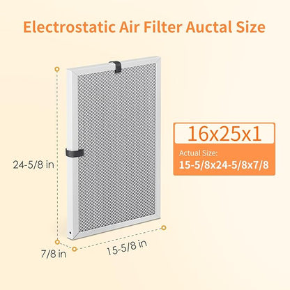 2-Pack 16x25x1 MERV 8 Reusable & Washable Electrostatic Air Filters - Long-Lasting Filter for HVAC, Furnace & Air Conditioner Units, Actual Size: 15-5/8” x 24-5/8” x 7/8”