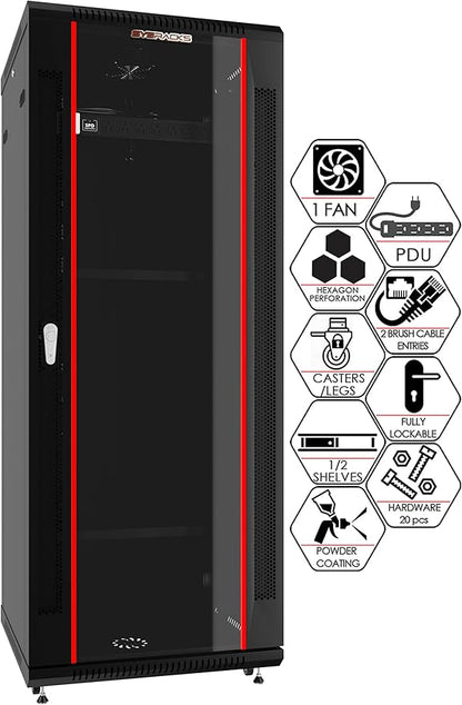 Sysracks 22U Wall Mount Server Rack Cabinet, 19” Locking Network Rack, 24” Deep, Glass Door, with Fan, PDU and Shelf