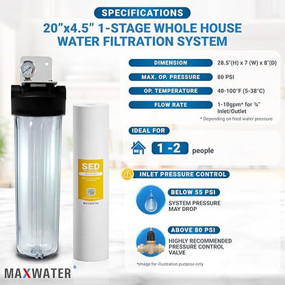 20" x 4.5" 1 Stage Whole House Water Filter System, 1" NPFT Port Single O Ring Clear Housing + Liquid Pressure Gauge with 5 Micron Polypropylene Sediment Water Filter and Wrench