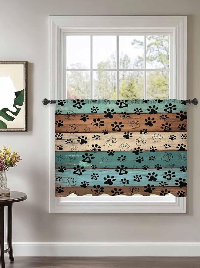 Sheer Curtains 45 Inch Length, Green Brown Paw Print Semi Sheer Curtains Light Filtering Window Treatment, Vintage Farmhouse Country Wooden Grain Privacy Voile Drapes for Living Room 52x45 Inch