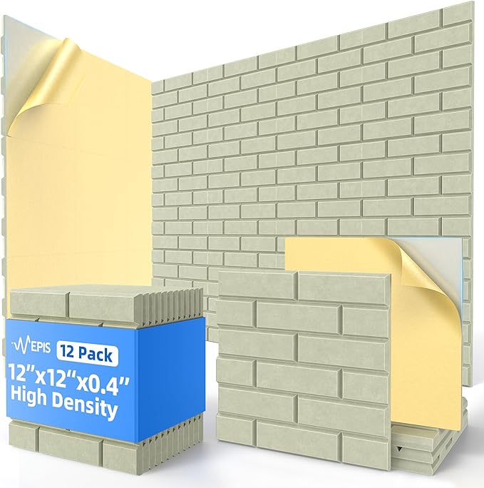 12 Pack Acoustic Panels with Self Adhesive, 12" X 12" X 0.4" High Density Sound Proof Foam Panels for Walls, Soundproof Wall Panels, Brick Sound Absorbing Panels for Home Studio Office Decor - Sage