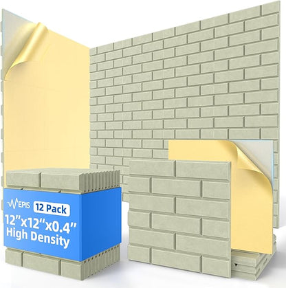 12 Pack Acoustic Panels with Self Adhesive, 12" X 12" X 0.4" High Density Sound Proof Foam Panels for Walls, Soundproof Wall Panels, Brick Sound Absorbing Panels for Home Studio Office Decor - Sage