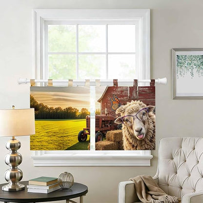 Farm Sheep Kitchen Curtains 24 Inch Length, Small Window Curtains Tab Top, Farmhouse Barn Funny Animals Butterfly Light Filtering Short Window Treatments Tier Drapes 27.5"x24" 2 Panel