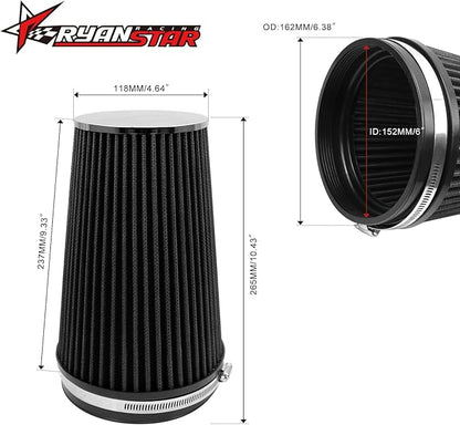 RYANSTAR 152mm 6" High Flow Round Tapered Cone Closed-Top Washable Clamp-On Dry Air Filter Long 265mm tall Black