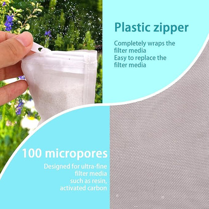 BOXOB 10pcs Aquarium Filter Media Bags, 100 Micron Extra Fine Media Filter Small Mesh Bags Purigen Sock for Fish Tank with Plastic Zipper for Activated Carbon Resin (7.9x3 Inch)