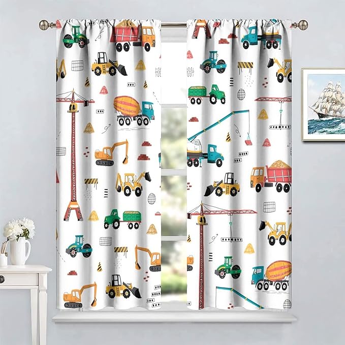 Construction Window Curtains, Kids Cartoon Construction Machines Building Hand Drawn Doodle Rod Pocket Decorative Windows Curtain for Children Teens Room Decor 72x63in (30% Blackout)