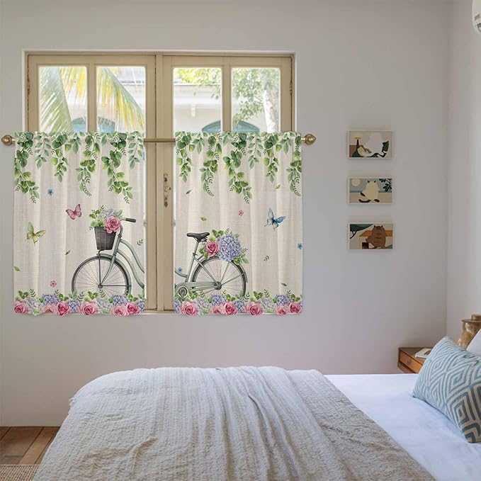 Farmhouse Spring Tier Curtains, Retro Bicycles Flowers Vines Butterfly Light Filtering Kitchen Curtains, 2Pcs Rod Pocket Half Window Treatments Panels for Sink Cafe Cabinet Basement 27.5x45 Inches