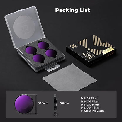 K&F CONCEPT ND Filter Kit Compatible with DJI Osmo Action 6, ND8 ND16 ND32 ND64 4 Pack Light Reduction Exposure Control Optical Glass Filters with Multi-Layer Coating