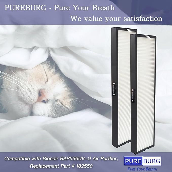 PUREBURG 182550 Replacement Filter Compatible with Bionair BAP536UV-U Air Purifier, 2-Pack H13 HEPA Activated Carbon Pre-Filters For Air Clean Dust VOCs Odor