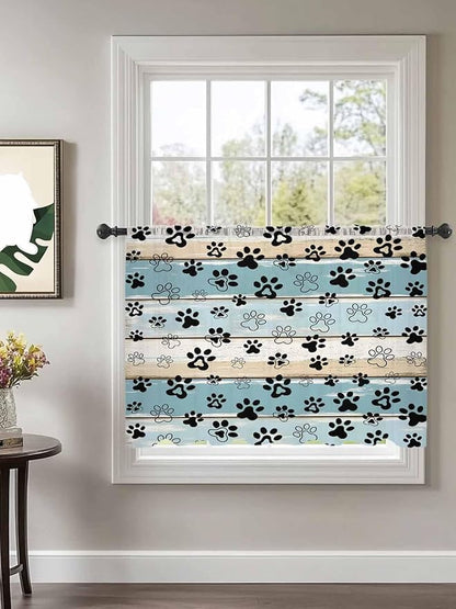 Sheer Curtains 45 Inch Length, Blue Beige Paw Print Semi Sheer Curtains Light Filtering Window Treatment, Vintage Farmhouse Country Wood Grain Privacy Voile Drapes for Living Room Bedroom 52x45 Inch