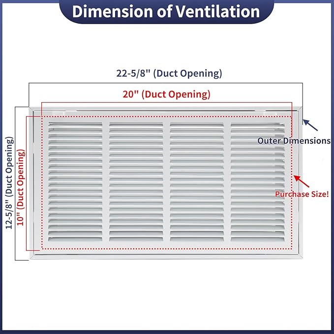 20"W x 10"H [Duct Opening Size] Steel Return Air Filter Grille - Removable Face/Door for 1 inch Filters -HVAC Vent Cover Grill - White [Outer Dimensions: 22 5/8"W X 12 5/8"H]