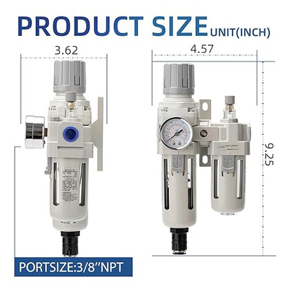 3/8" NPT Auto-Draining Air Filter Regulator Combo with Precision Pressure Gauge | Oil/Water Separator for Compressed Air Systems (0-150 PSI) | Heavy-Duty Brass Construction