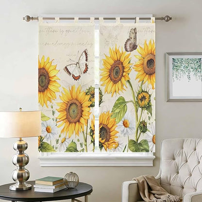 Farm Sunflowers Living Room Curtains 84 Inch Length, Window Curtains Tab Top, Retro Flowers Butterfly Botanical Beige Light Filtering Window Treatments Drapes 42"x84" 2 Panel