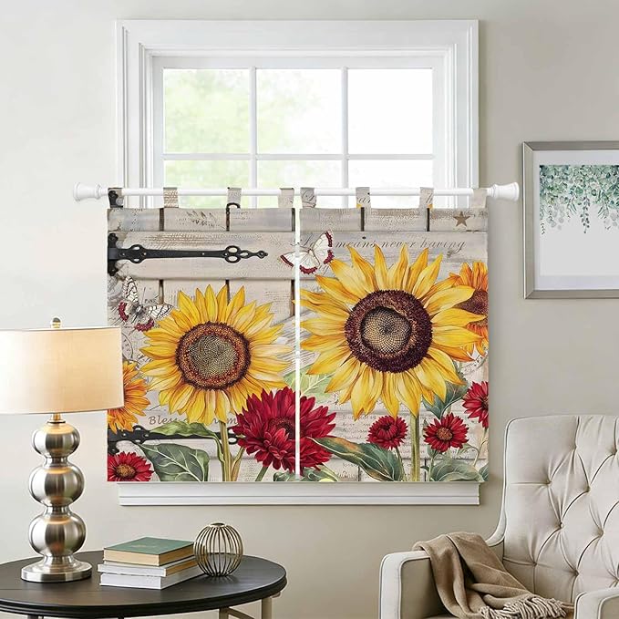 Red Yellow Sunflowers Bedroom Curtains 63 Inch Length, Window Curtains Tab Top, Retro Rustic Barn Doors Butterfly Brown Light Filtering Window Treatments Drapes 42"x63" 2 Panel
