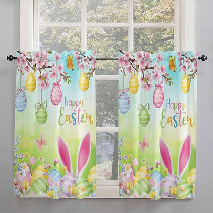 Easter Kitchen Curtains 54 Inches length, Spring Bunny Colorful Rabbit Eggs Butterfly Blue Green Window Treatment Curtain Drapes, Decorative Window Curtains for Bedroom Cafe, 52"x54", 2 Panels