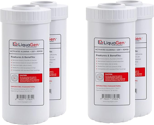 LiquaGen Activated Alumina + Carbon + KDF-55 Replacement Water Filter Cartridge – Helps Manage Fluoride, Chlorine & Taste, Refillable 2.5" x 10", 2.5" x 20", 4.5" x 10", 4.5" x 20" (4, 4.5" x 10")