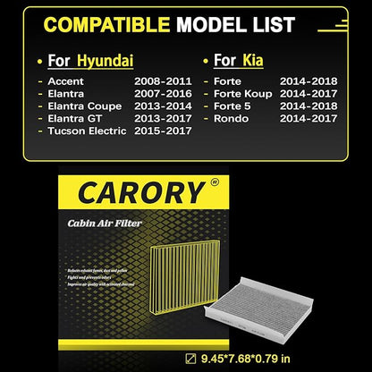 Cabin Air Filter w/Activated Carbon for Hyundai Accent 08–11, Elantra 07–16, Elantra Coupe 13–14, Elantra GT 13–17, Kia Forte 14–18, Forte Koup 14–16, Forte 5 14–18, Rondo 14–17 and More