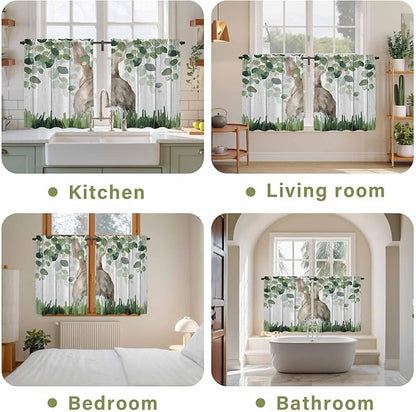 Easter Kitchen Curtains, Country Rabbit Botanical Leaves Wooden Grain Light Filtering Window Curtain Panels, 2Pcs Rod Pocket Window Treatments Set for Study Room Bathroom Bedroom 52x54 Inches