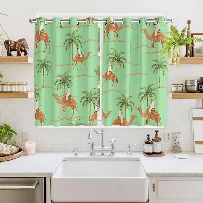 2 Panel Kitchen Cafe Curtains, Desert Camels Sunlight Filtering Nature Air Through, Home Decor Window Covering Tier Curtains for Living Room 104W x 63L inch Tropical Date Palm Trees Animal Green