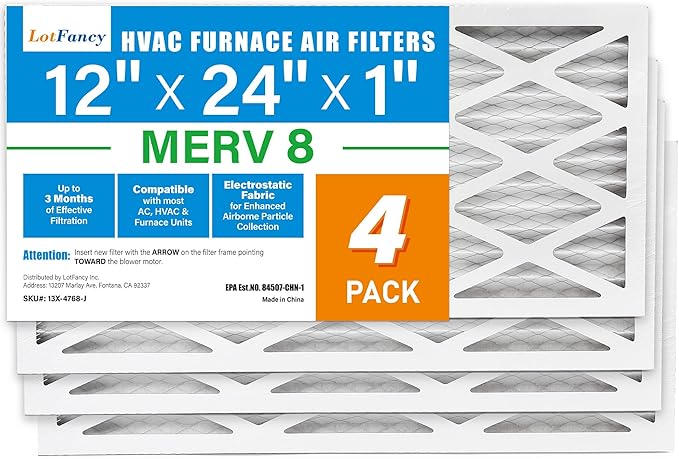 LotFancy 12x24x1 Air Filter MERV 8 4-Pack, Electrostatic Pleated Furnace & AC Filter, Captures Dust, Pet Hair, Pollen, Actual Size: 11.75"x23.75"x0.75"