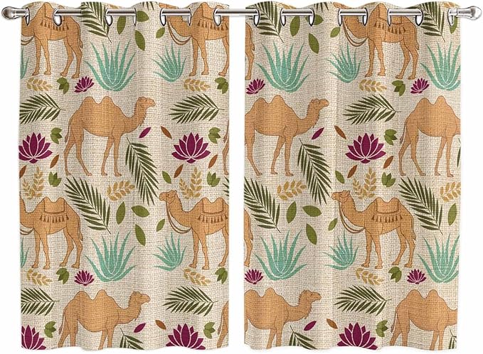 2 Panel Kitchen Cafe Curtains, Desert Camels Sunlight Filtering Nature Air Through, Home Decor Window Covering Tier Curtains for Living Room 104W x 63L inch Vintage Sand Animals Aloe Vera Leaves Beige