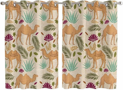 2 Panel Kitchen Cafe Curtains, Desert Camels Sunlight Filtering Nature Air Through, Home Decor Window Covering Tier Curtains for Living Room 104W x 72L inch Vintage Sand Animals Aloe Vera Leaves Beige