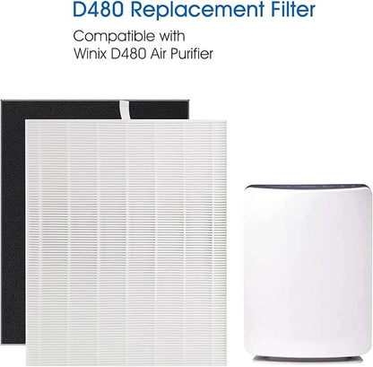 D480 True HEPA Replacement Filter D4, Compatible with Winix D480 Air Purifier, Compare to D4 Filter, Item Number 1712-0100-00, 1 H13 True HEPA Filters + 4 Activated Carbon Pre-Filters