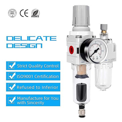 NANPU 1/4" NPT Auto-Drain Air Filter Regulator Lubricator Combo (FRL) Water/Oil Trap Separator - Gauge(0-150 psi), 5 Micron Brass Element, Poly Bowl, Metal Bracket