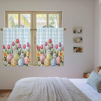 Easter Kitchen Curtains 54 Inch Long 2 Panel Set,Rod Pocket Window Curtains Panels,Spring Bunny Colorful Eggs Tulip Flowers Blue Check Light Filtering Drapery Draperies for Bathroom 52"W x 54"L