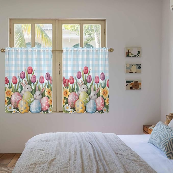 Easter Kitchen Curtains 45 Inch Long 2 Panel Set,Rod Pocket Window Treatment,Spring Bunny Colorful Eggs Tulip Flowers Blue Check Light Filtering Short Curtains & Drapes Laundry 52"W x 45"L