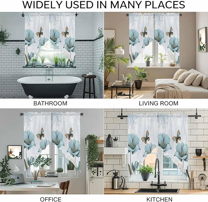 Blue Tulips Swag Valances for Windows, Watercolor Flowers Butterfly Spring Farmhouse Blue Rod Pocket Kitchen Curtains Valance, Kitchen Window Curtains Swag for Cafe Living Room, 2 Panels, 36x45 inch