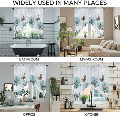 Blue Tulips Swag Valances for Windows, Watercolor Flowers Butterfly Spring Farmhouse Blue Rod Pocket Kitchen Curtains Valance, Kitchen Window Curtains Swag for Cafe Living Room, 2 Panels, 36x63 inch