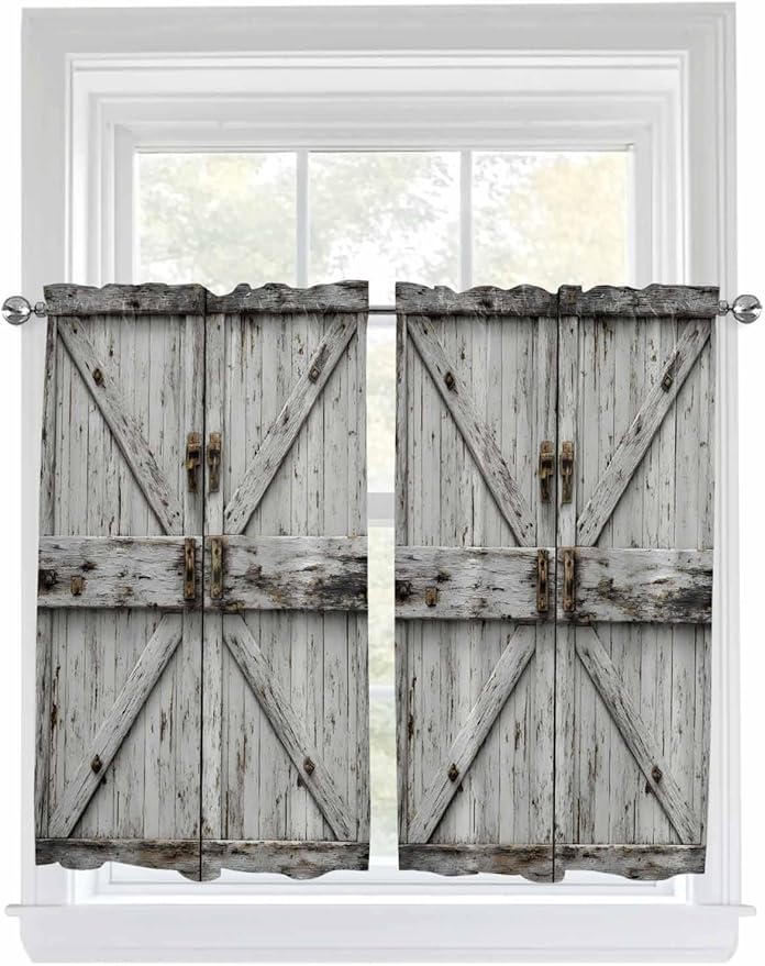 Vintage Gate Tier Curtains 45 Inches Long, Farmhouse Wooden Grain Shabby Chic Door Window Treatment Curtain Drapes, Window Half Privacy Curtains for Bedroom Bathroom, 42"x45", 2 Panels