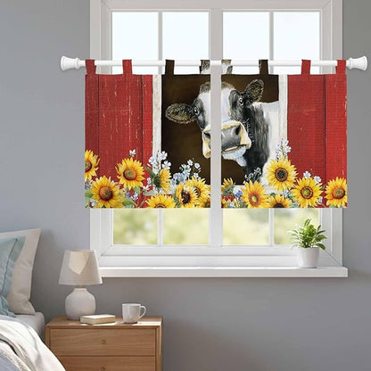 Cows Sunflowers Kitchen Curtains 24 Inch Length, Small Window Curtains Tab Top, Rustic Farms Barns Flowers Bees Animals Light Filtering Short Window Treatments Tier Drapes 27.5"x24" 2 Panel