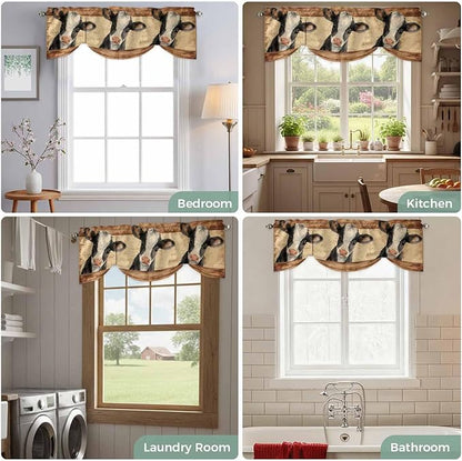 Farmhouse Cow Tie Up Valance Curtains for Windows, Kitchen Curtains Window Shades, Country Vintage Animals Wooden Grain Light Filtering Roman Curtain Valances for Bedroom/Bathroom/Cafe 60"x18"