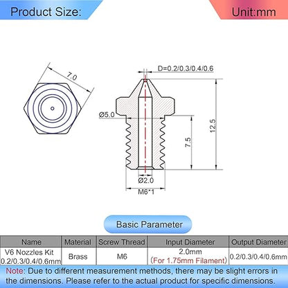 16Pcs V6 Nozzles kit Compatible for E3D V5 V6 Hotend, V6 Nozzle 0.2/0.3/0.4/0.6mm Compatible with ANYCUBIC I3 Mega A8 Prusa I3 MK3/MK3S 3D Printer, and 10Pcs 3D Printer Nozzles Cleaning Needles,