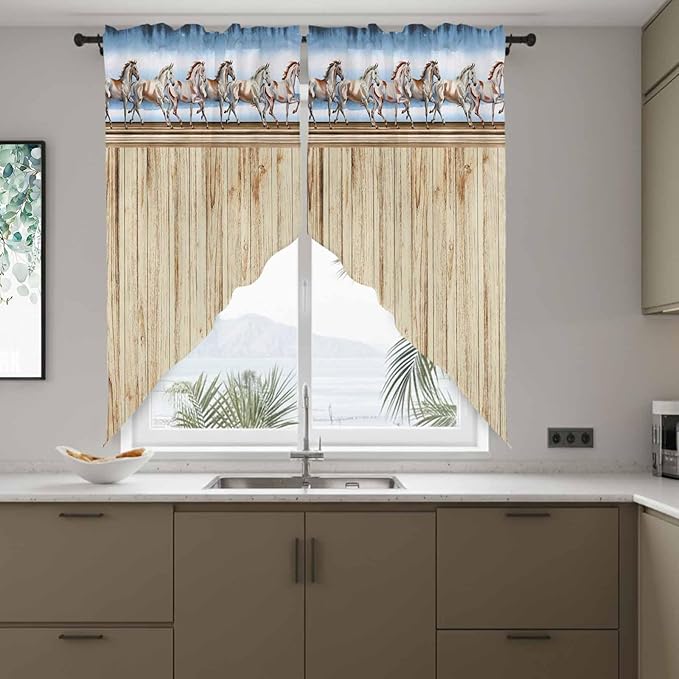 Western Horse Swag Valances for Windows, Farmhouse Wooden Grain Vintage Cowboy Barn Door Rod Pocket Kitchen Curtains Valance, Small Window Curtains Swag for Cafe Living Room, 2 Panels, 28x36 inch