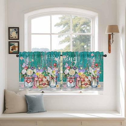 Spring Flowers Tier Curtains, Farmhouse Watercolor Teal Wood Grain Light Filtering Kitchen Curtains, 2Pcs Rod Pocket Half Window Treatments Panels for Sink Cafe Cabinet Camper 27.5x36 Inches