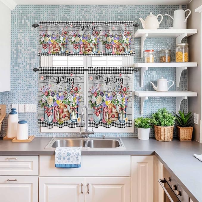 Spring Flowers Kitchen Curtain Set, Farmhouse Black Plaid Wood Grain Window Valance and Tiers 36" Length, Light Filtering Short Curtains Valance for Cafe Bathroom Bedroom 54"x18"