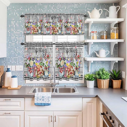 Spring Flowers Kitchen Curtain Set, Farmhouse Black Plaid Wood Grain Window Valance and Tiers 36" Length, Light Filtering Short Curtains Valance for Cafe Bathroom Bedroom 54"x18"