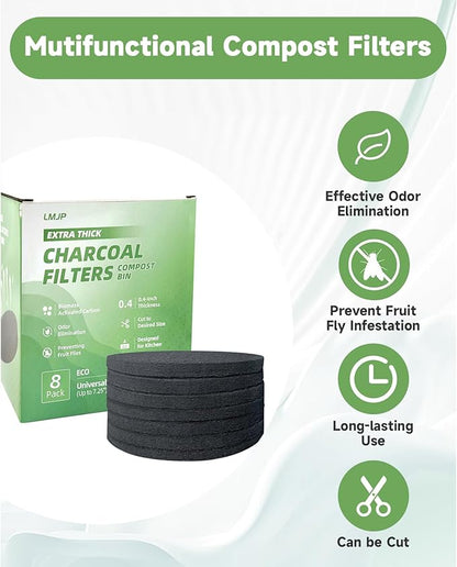 6.7 Inch Charcoal Filters for 8 Pack Kitchen Countertop Compost Bins- Extra Thick 0.4" for Longer Lasting Activated Carbon