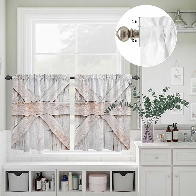 Kitchen Window Curtains Valance and Tier Set, Farmhouse Retro Wooden Barn Rod Pocket Tier Curtain Valance Set, Vintage Village Wood Grain Light Filtering Cafe Curtains for Bedroom Living Room