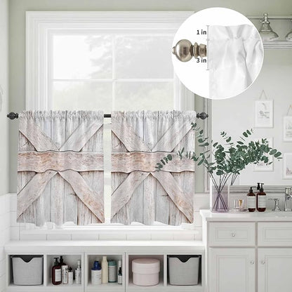 Kitchen Window Curtains Valance and Tier Set, Farmhouse Retro Wooden Barn Rod Pocket Tier Curtain Valance Set, Vintage Village Wood Grain Light Filtering Cafe Curtains for Bedroom Living Room
