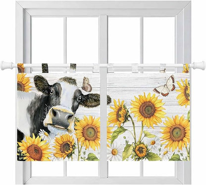 Retro Farmhouse Floral Kitchen Curtains 24 Inch Length, Small Window Curtains Tab Top, Yellow Sunflowers Cows Butterfly Wood Light Filtering Short Window Treatments Tier Drapes 27.5"x24" 2 Panel