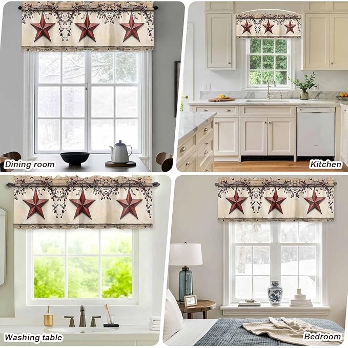 Farmhouse American Valances for Windows, Country Star Berries Vintage Wood Grain Kitchen Valance Light Filtering Rod Pocket Short Curtains for Kitchen Bathroom, 1 Panel, 42"x12"